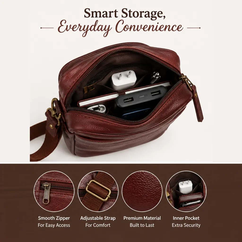Multipurpose PU Leather Unisex Crossbody Shoulder Sling Bag with Adjustable Strap Dark Brown 1.webp