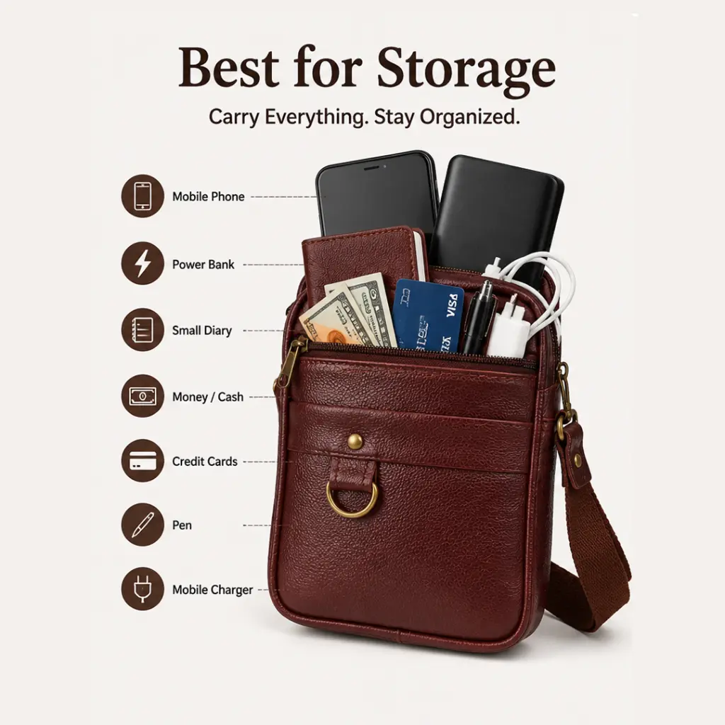 Multipurpose PU Leather Unisex Crossbody Shoulder Sling Bag with Adjustable Strap Dark Brown.webp