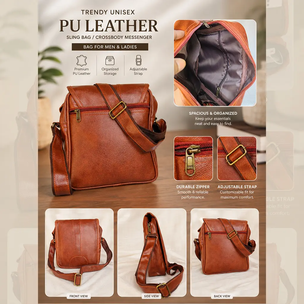 Trendy Unisex PU Leather Sling Bag Crossbody Messenger Bag for Men & Ladies 2.webp