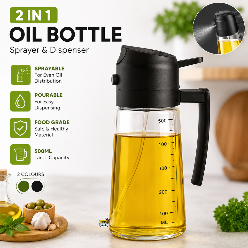 2-in-1 Oil Sprayer & Dispenser Bottle 500ml for Kitchen, Cooking Oil Spray Bottle with Pour Spout, Fine Mist Sprayer for Air Fryer, Cooking, Salad, BBQ & Vinegar (Green/Black)