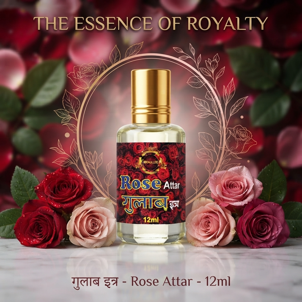 Rose (Gulab) Attar 12ml | Long Lasting Non-Alcoholic Perfume Oil | Roll-On Perfume for Women & Men | Travel Friendly Attar for Pooja, Daily Use & Meditation