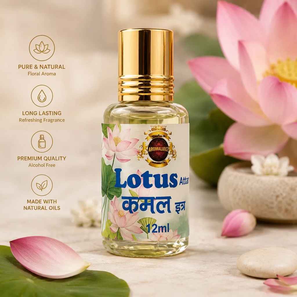 Lotus (Kamal) Attar 12ml | Long Lasting Non-Alcoholic Perfume Oil | Roll-On Perfume for Women & Men | Travel Friendly Attar for Pooja, Daily Use & Meditation