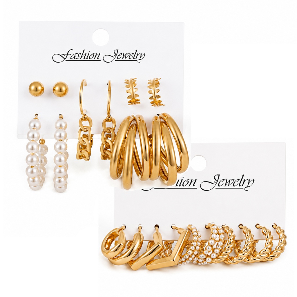 Combo Set of 11 Pairs Gold Plated Hoop Pearl Earrings for Women & Girls | Korean Alloy Stud, Hoop & Pearl Earrings Set