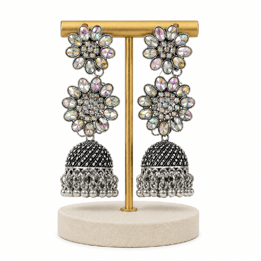 Oxidised Silver Jhumka Earrings with Floral Stud Brass, Glass, Silver, Stone Earring