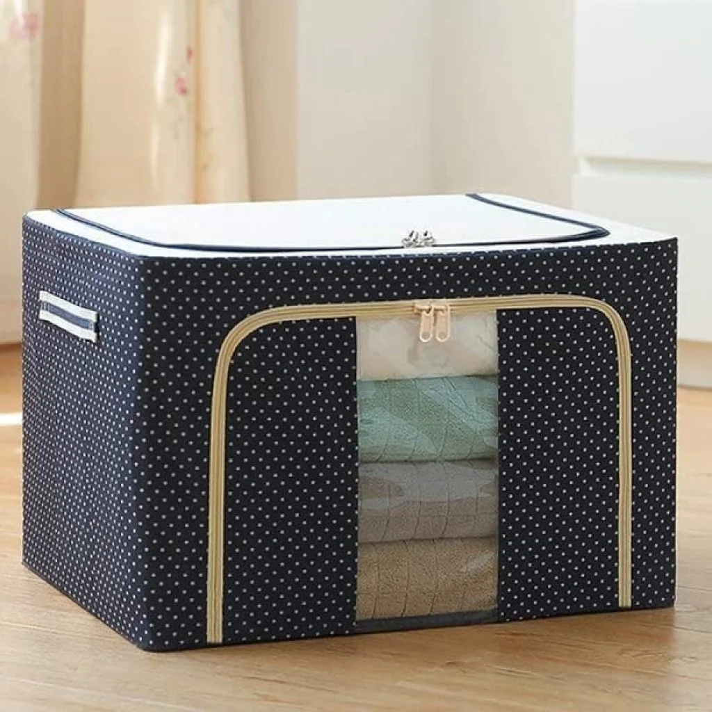 66 LTR Foldable Steel Frame Cloths Zip Organizer Bag and Oxford Fabric Storage Living Cover Boxes For Wardrobe Shelves Clothes, Sarees, Bed Sheet, Blanket, Cosmetic Organizer, Top and Front Zipper Open Bags (Pack Of 1 Piece)